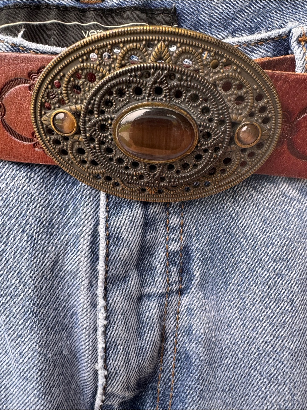 Fossil Brown Leather Belt L Embossed Boho Western Statement Buckle